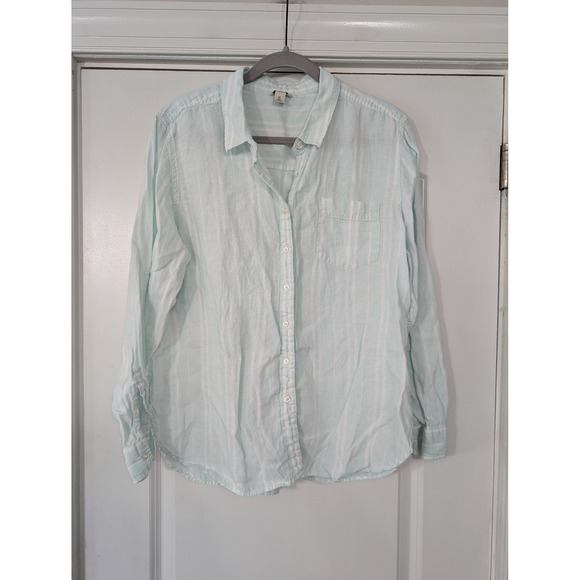 L.L. Bean Tops - L.L. Bean Women's XL Petite Linen Striped green Long Sleeve Button Down‎ Shirt